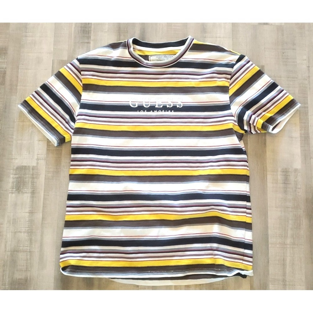 Guess 1981 Retro Multicolor Embroidered Logo Striped T Shirt Mens Medium Vtg 90s